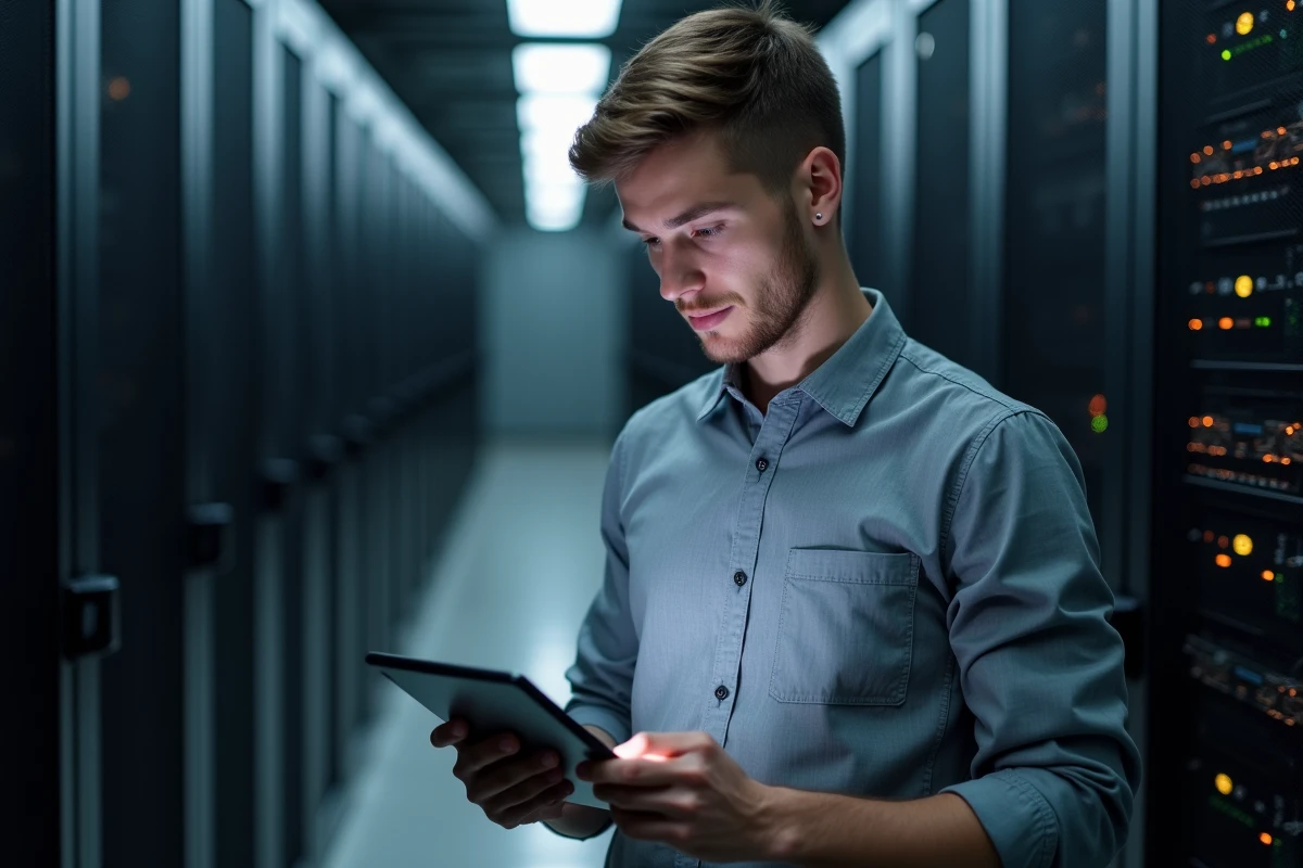 Consultant IT évaluant des solutions logicielles de planification sur tablette dans une salle serveur