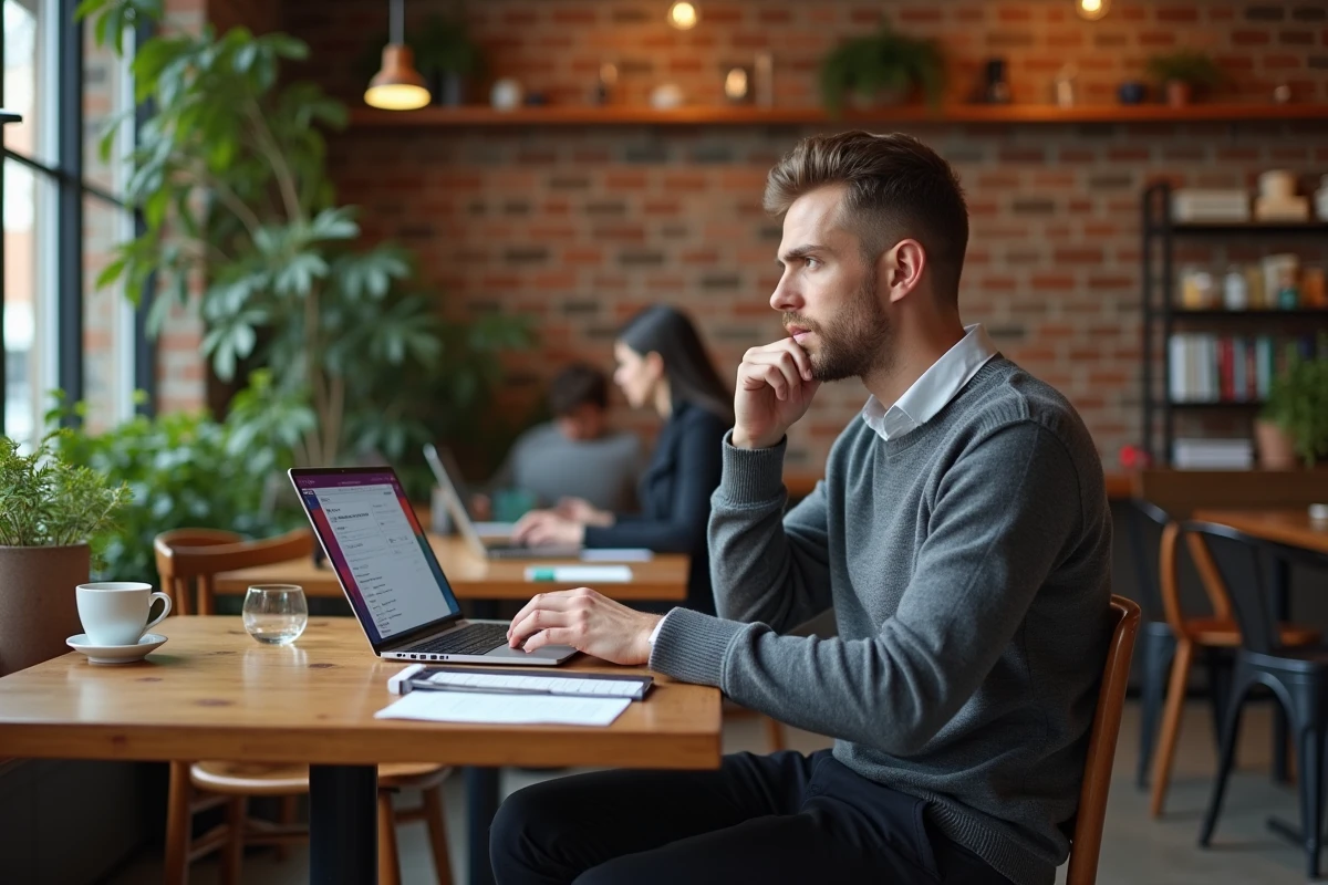 Entrepreneur débutant consultant le programme d'un événement professionnel sur son ordinateur portable dans un espace de coworking