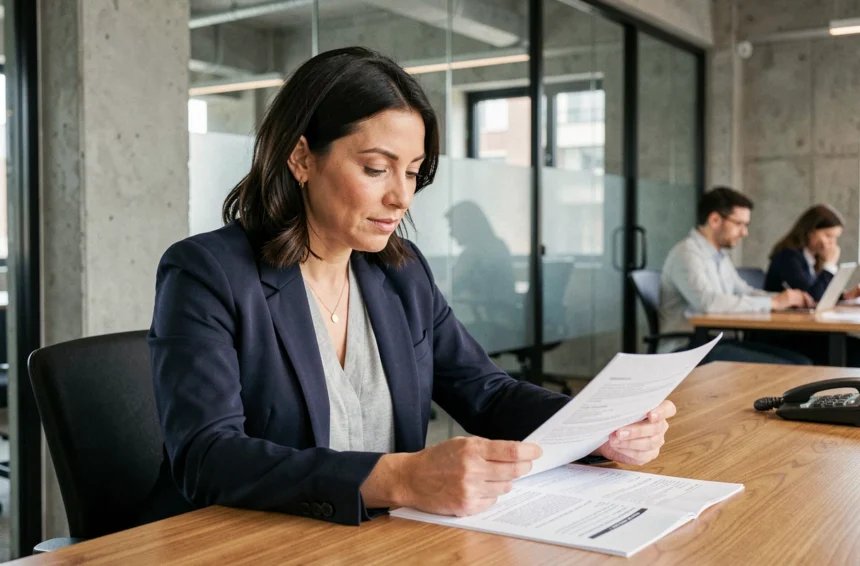 Consultante indépendante en portage salarial examinant un contrat dans un espace de coworking moderne