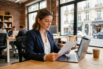 Consultante indépendante en portage salarial analysant un contrat dans un espace de coworking à Troyes