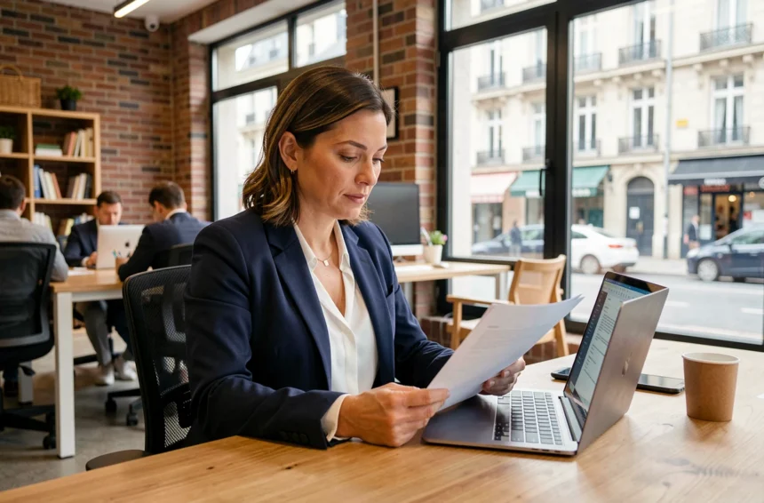 Consultante indépendante en portage salarial analysant un contrat dans un espace de coworking à Troyes