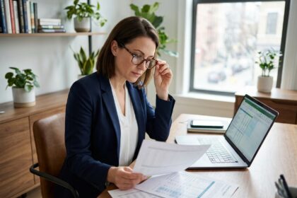 Consultante en portage salarial analysant ses revenus nets sur des documents financiers dans un bureau moderne