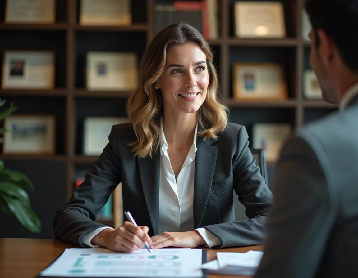 Consultante en entretien avec un client dans un bureau privé, examinant des rapports de performance ensemble