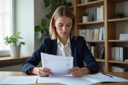 Femme enseignante consultant ses fiches de paie de l'Éducation Nationale à son bureau à domicile