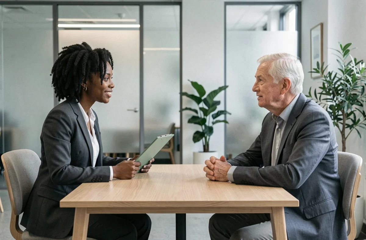 Consultation juridique entre une avocate et un client dans un espace moderne et accessible