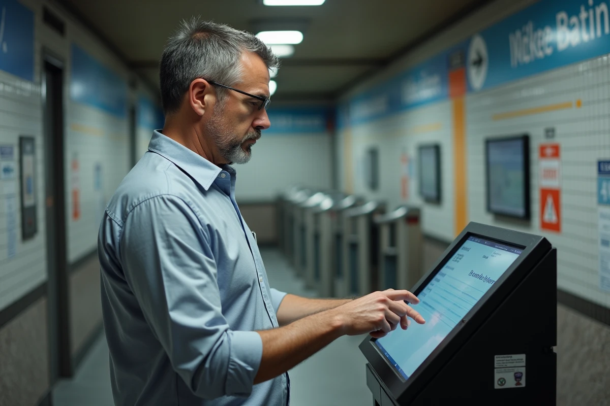 Agent consultant un kiosque numérique en station de métro parisien pour accéder aux services du CE RATP RDS