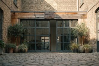 Container maritime converti en espace de travail professionnel moderne avec portes en verre et bardage bois dans une cour urbaine pavée