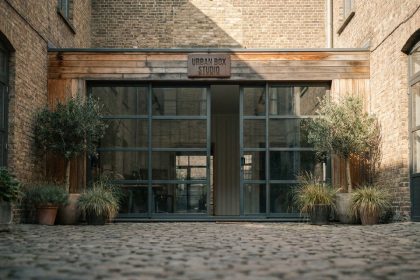 Container maritime converti en espace de travail professionnel moderne avec portes en verre et bardage bois dans une cour urbaine pavée