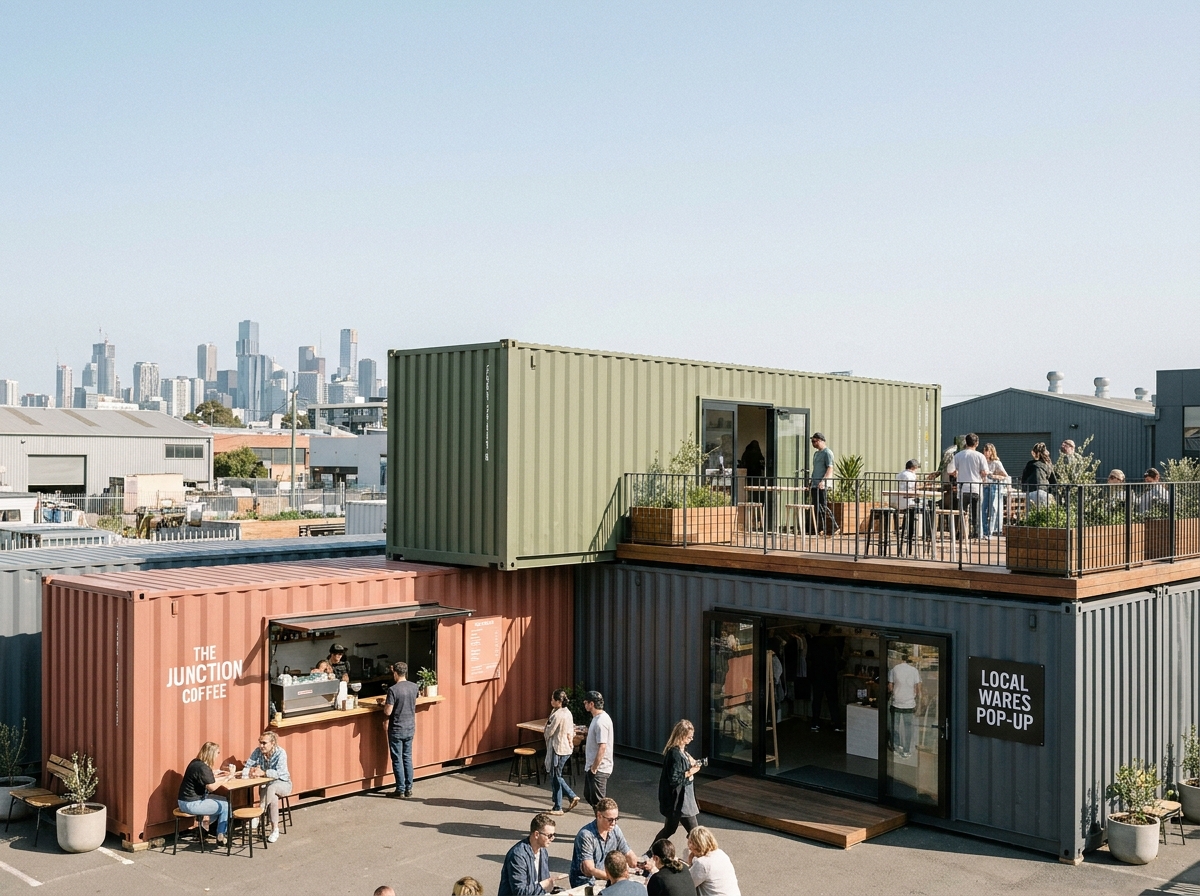 Ensemble de containers maritimes empilés transformés en espace commercial modulaire avec kiosque café terrasse et boutique éphémère en zone urbaine