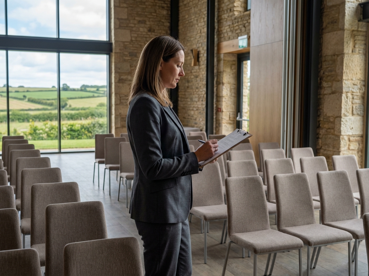 Planificateur de conférence inspectant des chaises vides