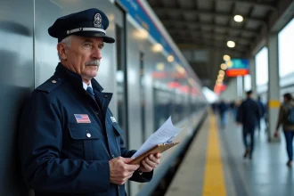 Contrôleur SNCF en uniforme sur un quai de gare regardant des documents, symbolisant le salaire et les conditions de travail à la SNCF