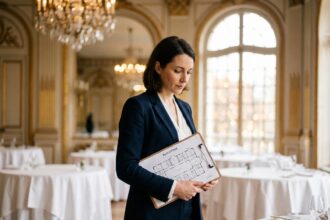 Coordinatrice d'événements professionnelle dans un grand lieu de réception parisien, examinant un plan de salle pour un gala