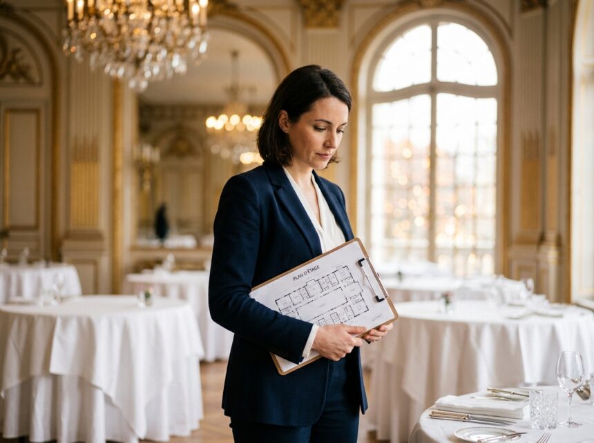 Coordinatrice d'événements professionnelle dans un grand lieu de réception parisien, examinant un plan de salle pour un gala