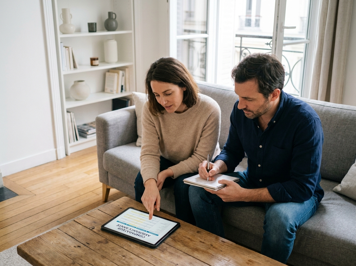 Couple comparant des offres de mutuelle santé sur tablette numérique dans un salon moderne