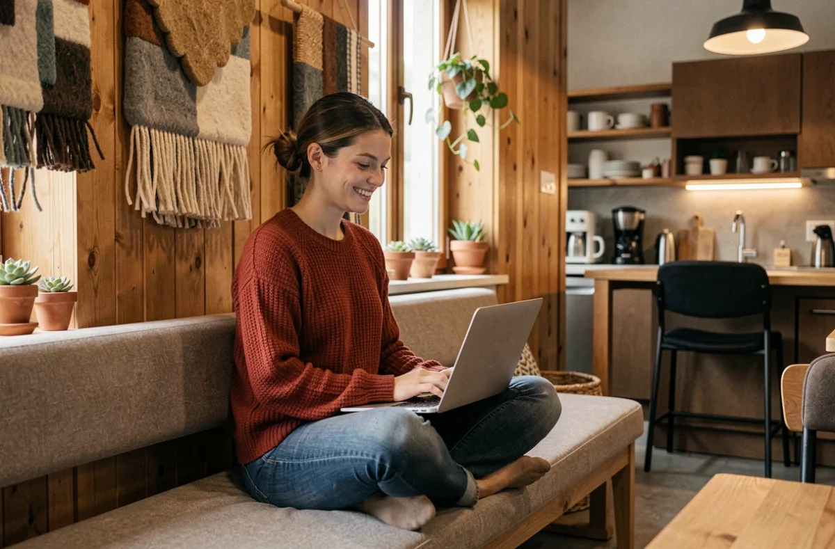 Femme travaillant dans l'espace coworking chaleureux Cowool Grenoble avec décor en laine et bois
