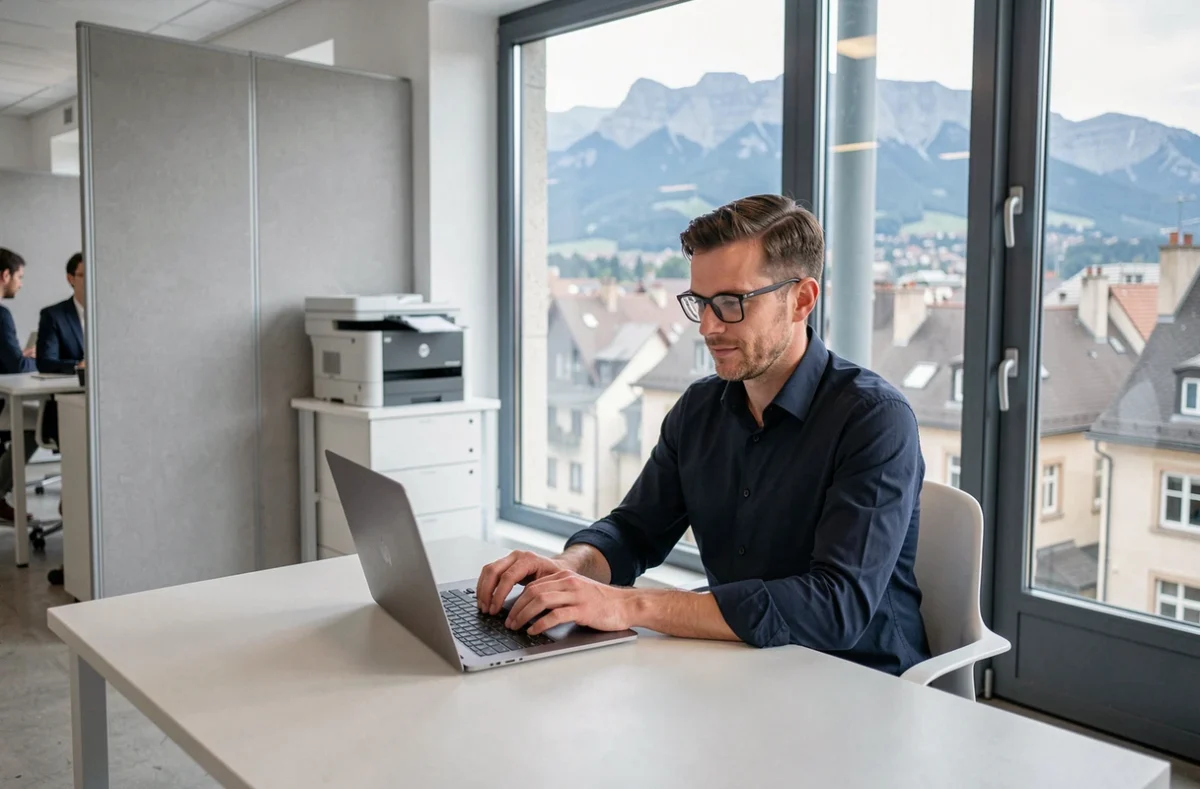 Homme travaillant dans l'espace Cowork in Grenoble avec vue sur la ville et les montagnes
