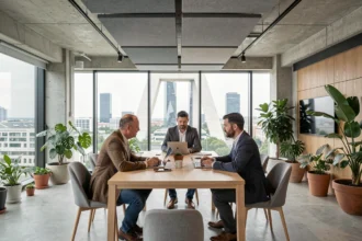 Espace de coworking moderne à La Défense avec vue sur les tours de bureaux et professionnels en réunion