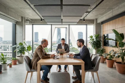 Espace de coworking moderne à La Défense avec vue sur les tours de bureaux et professionnels en réunion