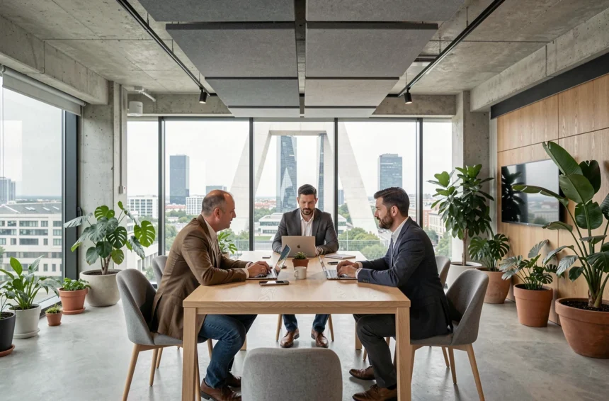Espace de coworking moderne à La Défense avec vue sur les tours de bureaux et professionnels en réunion