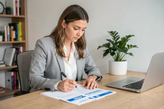 Femme entrepreneure travaillant sur les démarches de création d'une micro-entreprise à son bureau à domicile