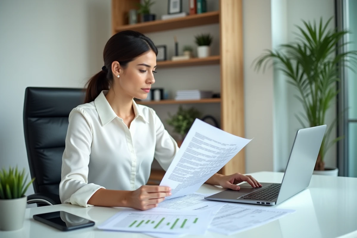 Femme d'affaires comparant des devis de prestataires pour un débarras d'entreprise sur son bureau