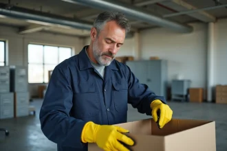 Professionnel du débarras d'entreprise triant des meubles de bureau dans un espace commercial vide