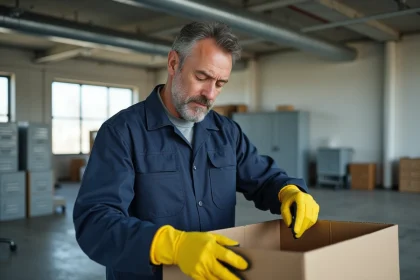 Professionnel du débarras d'entreprise triant des meubles de bureau dans un espace commercial vide