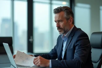 Dirigeant d'entreprise consultant des documents de stratégie dans une salle de réunion moderne avec vue sur la ville
