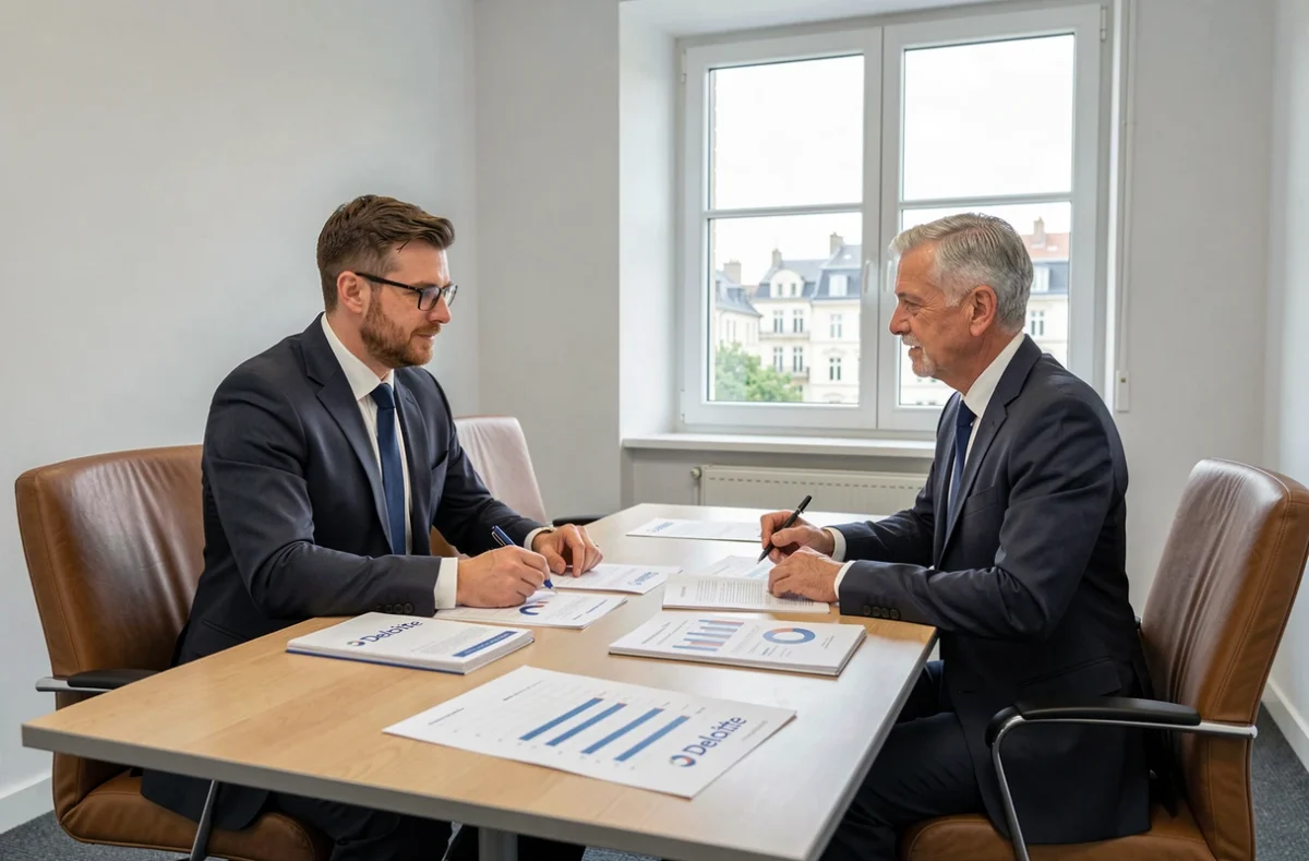 Réunion de conseil en audit et comptabilité dans les bureaux de Deloitte & Associés à Nancy