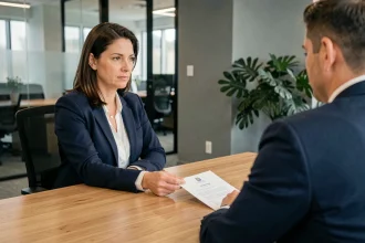 Femme cadre remettant une demande de rupture conventionnelle à son responsable RH dans un bureau moderne