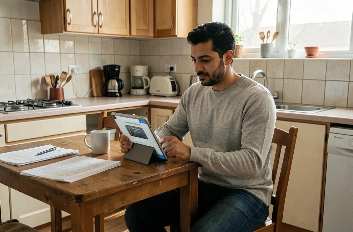 Homme utilisant une tablette à domicile pour accéder à des démarches juridiques simplifiées via une plateforme numérique