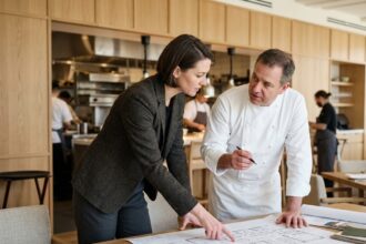 Designer de restaurant professionnel en pleine revue de plans