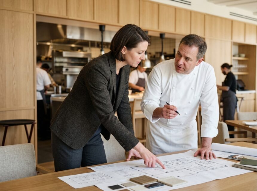 Designer de restaurant professionnel en pleine revue de plans