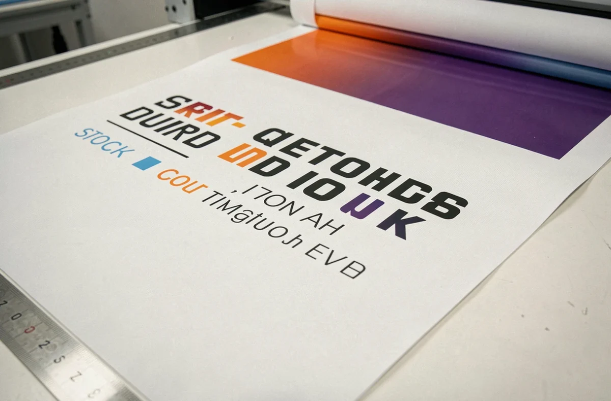 Détail macro d'impression haute résolution d'une banderole événementielle professionnelle montrant la typographie précise et les couleurs vives sur support vinyle mat