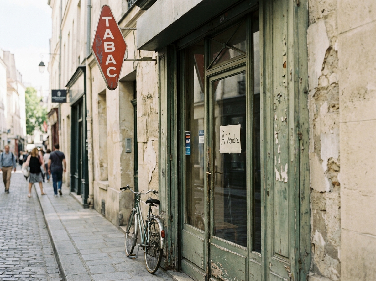 Devanture d'un bureau de tabac à vendre dans une rue française avec l'enseigne rouge caractéristique et une affiche de cession