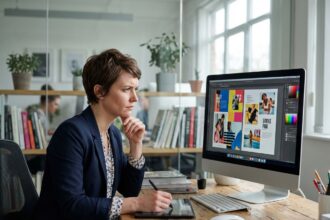 Directrice créative femme regardant un design sur écran