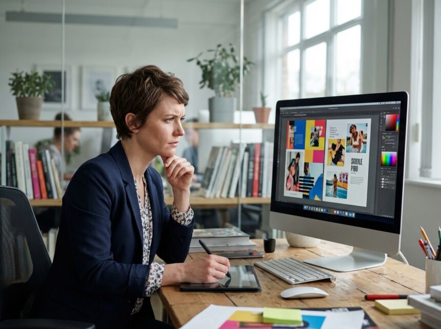 Directrice créative femme regardant un design sur écran