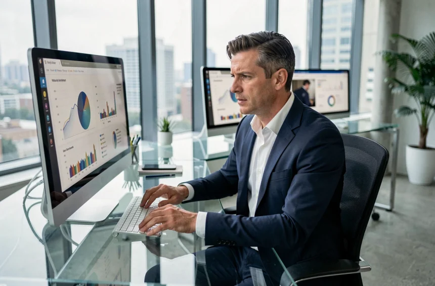 Dirigeant d'entreprise analysant une stratégie SEO sur ordinateur dans un bureau moderne