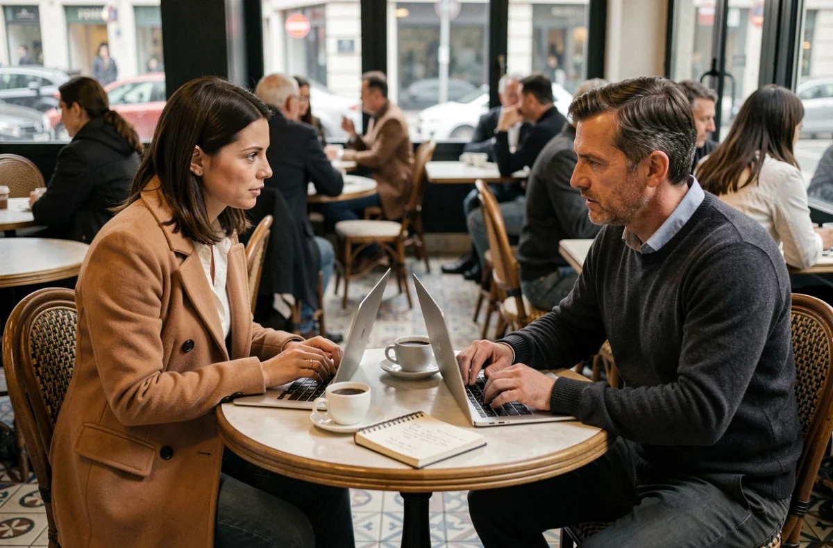 Deux professionnels discutant des avantages du portage salarial autour d'un café dans un bistrot parisien