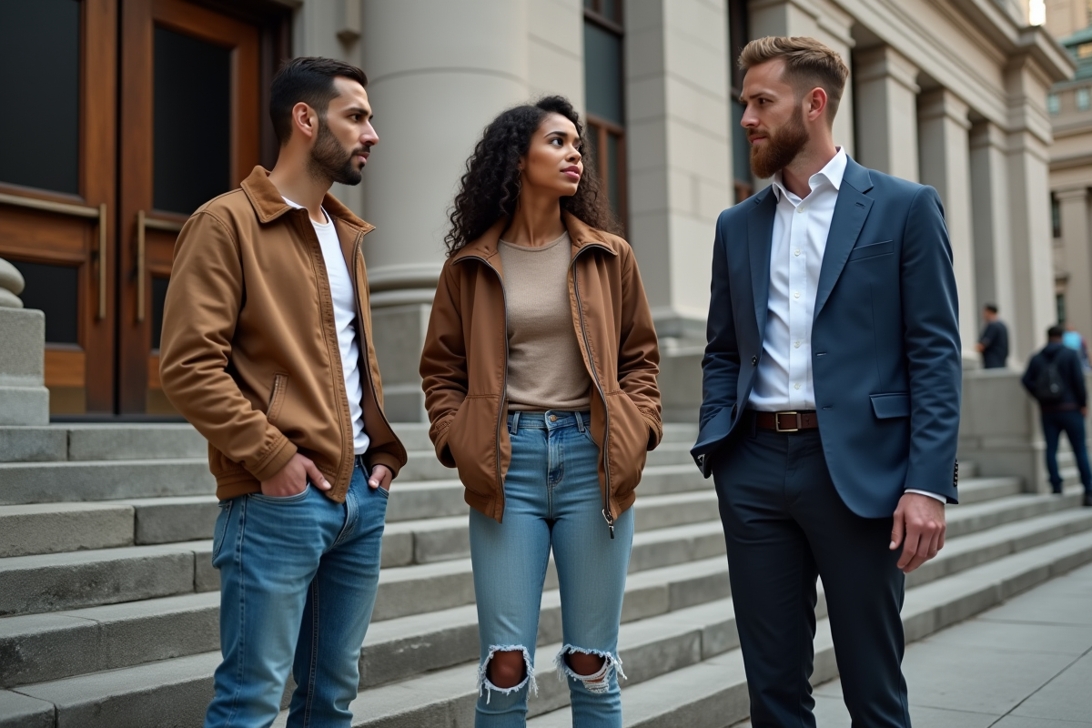 Groupe de jeunes adultes discutant devant un tribunal urbain