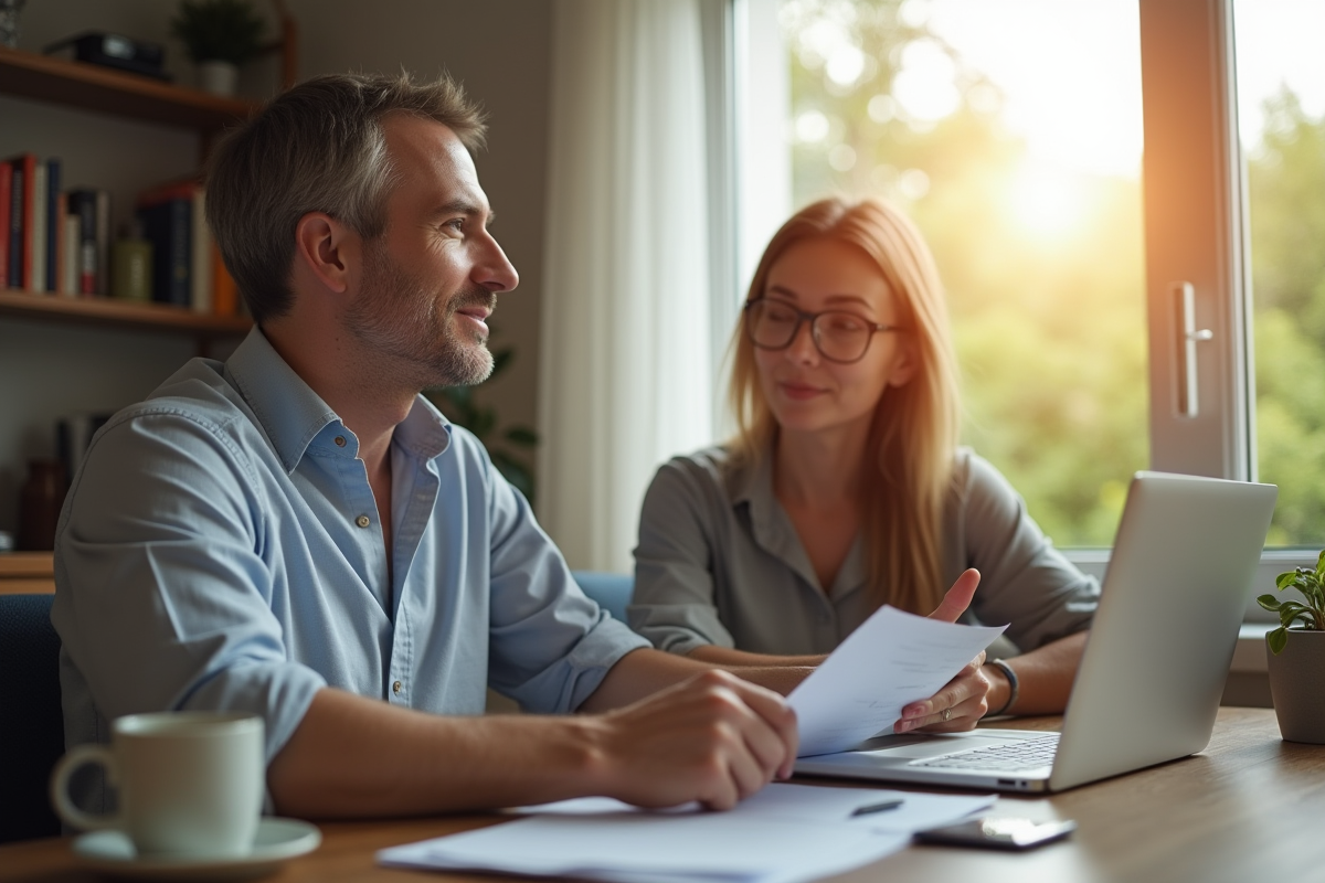 Homme et femme discutant finances avec ordinateur