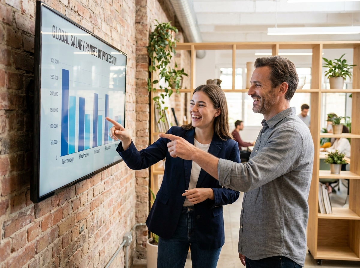 Deux collègues discutant des niveaux de salaire par métier devant un écran de présentation dans un espace coworking