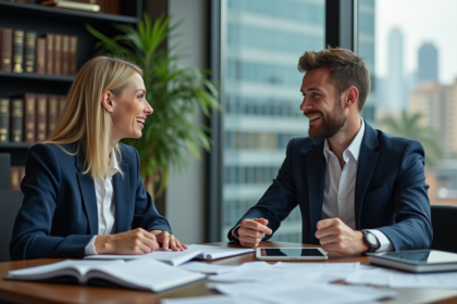 Femme et homme en discussion dans un bureau moderne