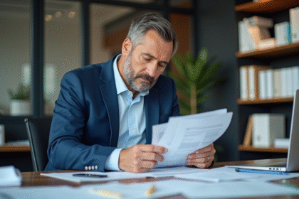 Homme distributeur en bureau moderne examinant des documents