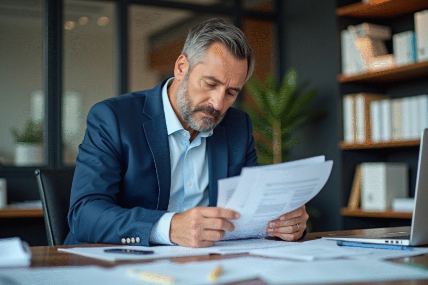 Homme distributeur en bureau moderne examinant des documents