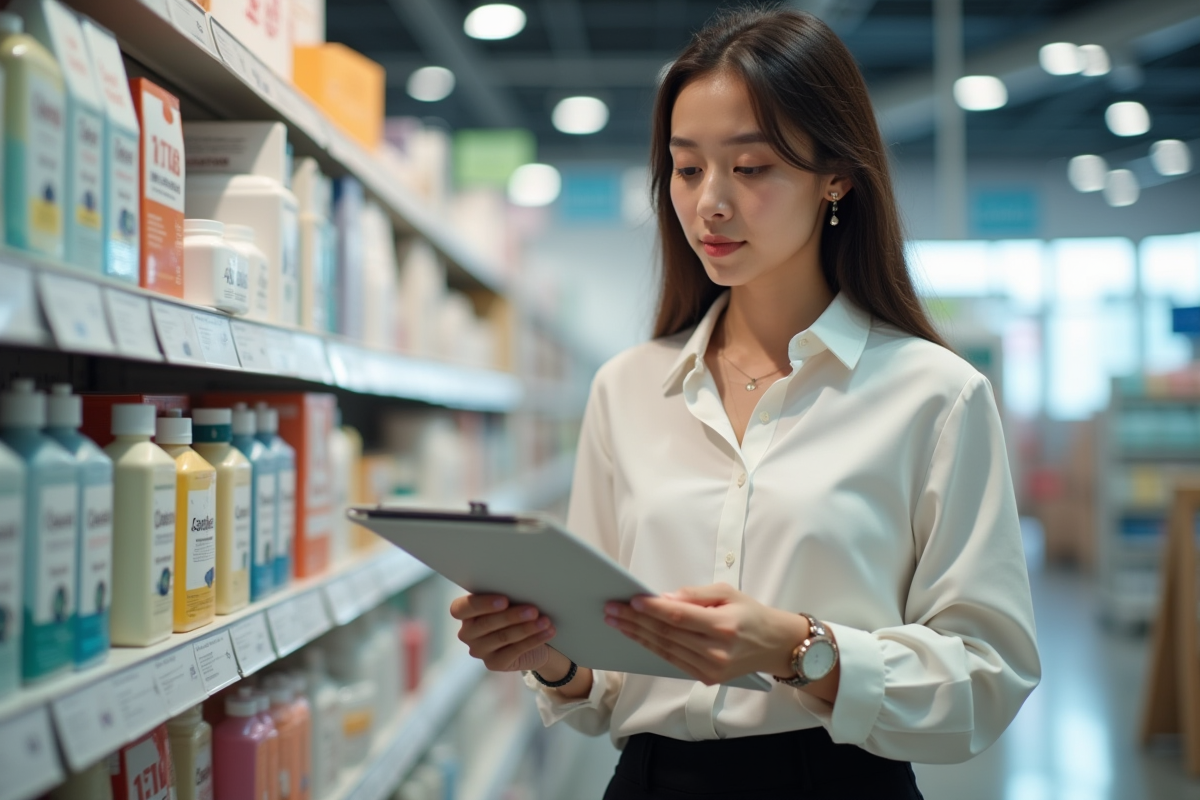 Jeune femme distributeuse vérifiant un produit en magasin