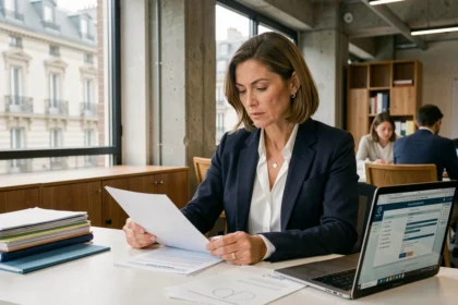 Femme d'affaires consultant des documents administratifs pour la domiciliation d'une entreprise dans un espace de coworking à Paris