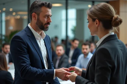 Deux professionnels échangeant des cartes de visite lors d'un événement de networking B2B en salle de conférence moderne