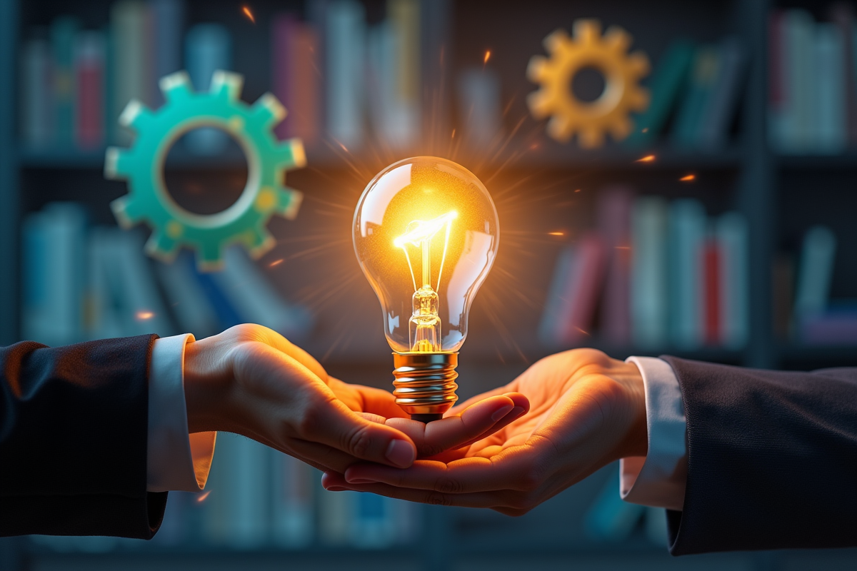 Deux mains échangeant une ampoule lumineuse dans un bureau