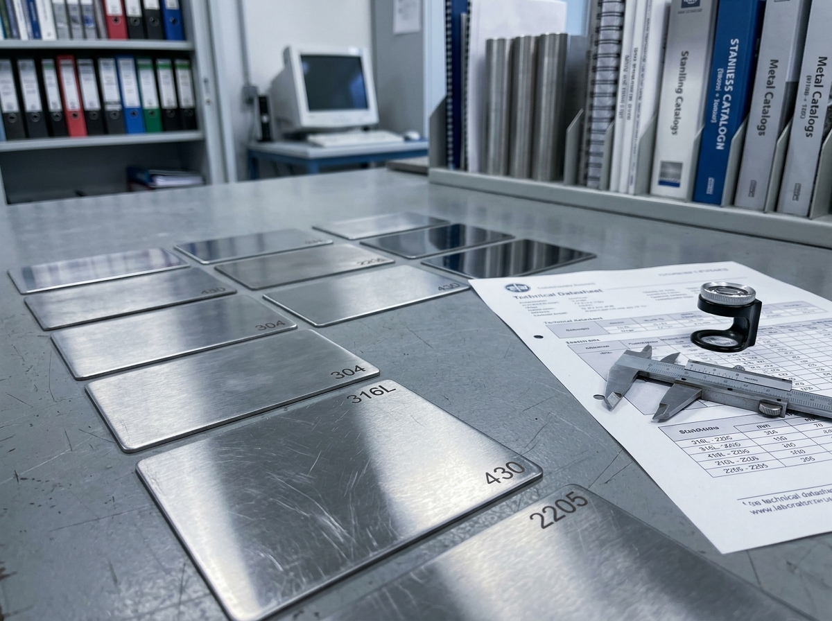 Échantillons de différentes nuances d'acier inoxydable 304 et 316 avec outils de mesure sur un établi de laboratoire